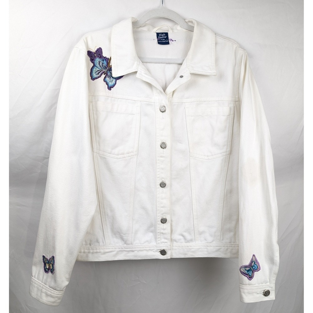 Vintage Y2K Quilted Butterfly Denim‎ Jacket Size L Upcycled Patchwork Boho Indie